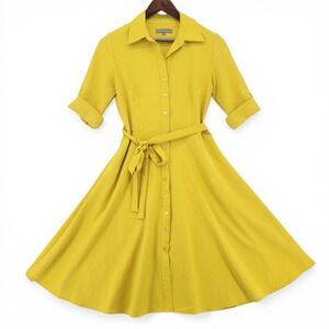 Sharagano Womens Yellow Midi Shirt Dress Size 8 Belted Button Front Fit Pockets